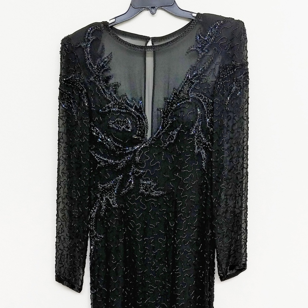 Vintage Black lg sleeve sequin&beaded evening gown